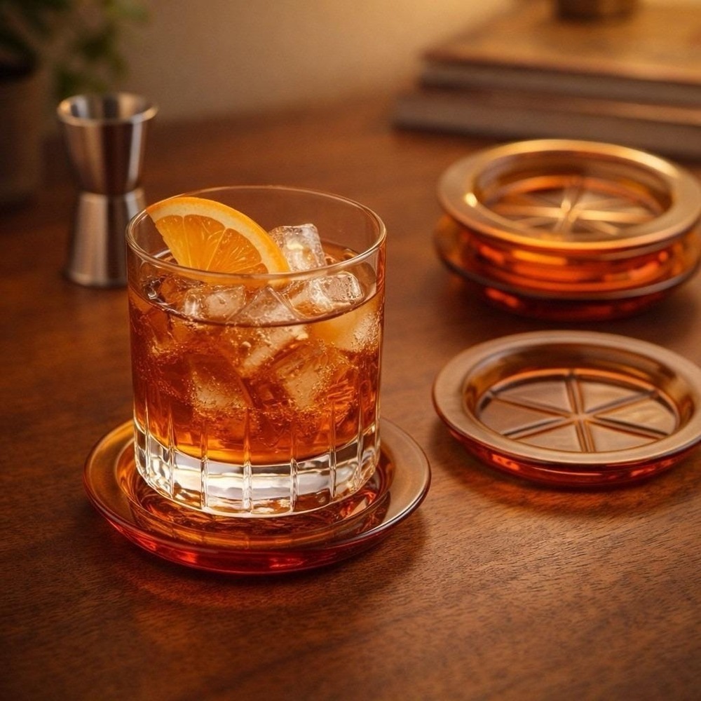 Amber Glass Coasters Set 4 Mid Century Modern Barware Citrus Slice Pattern